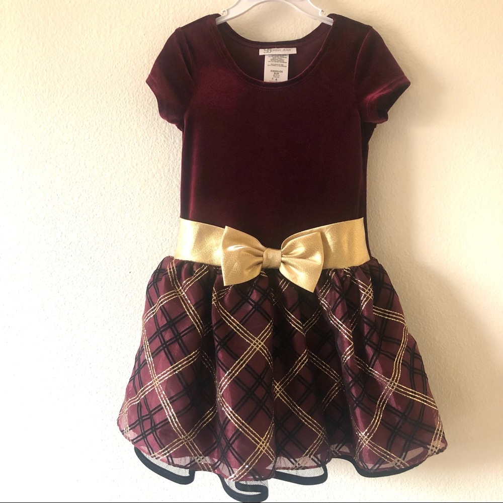 Bonnie Jean Burgundy Velvet Girl’s Dress with Black and Gold Design Holiday